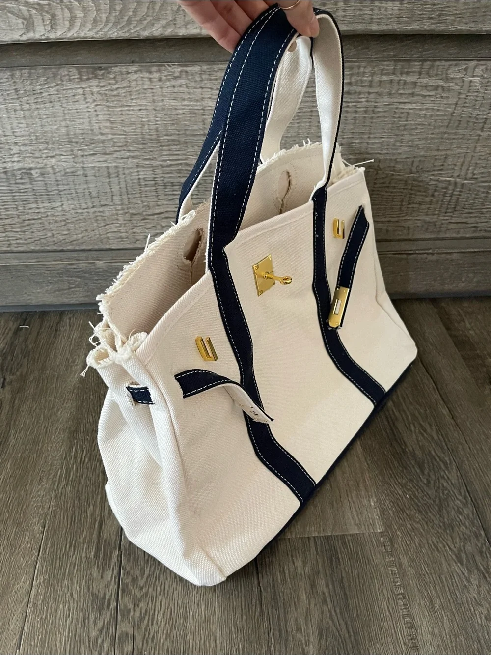 Canvas Tote Handbag with Navy Trim and Gold Hardware Boatkin Boat Bag